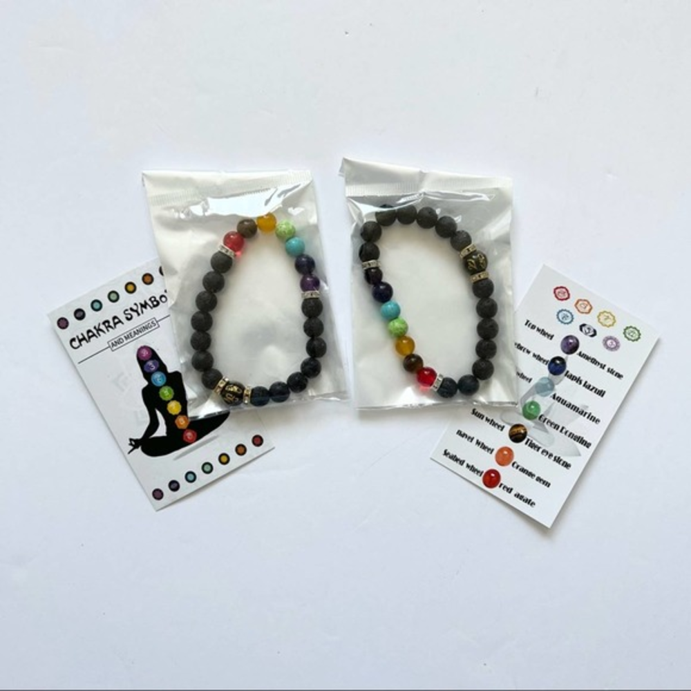 Chakra theme bracelets‎ 2 pairs black multi rainbow color beads stretch